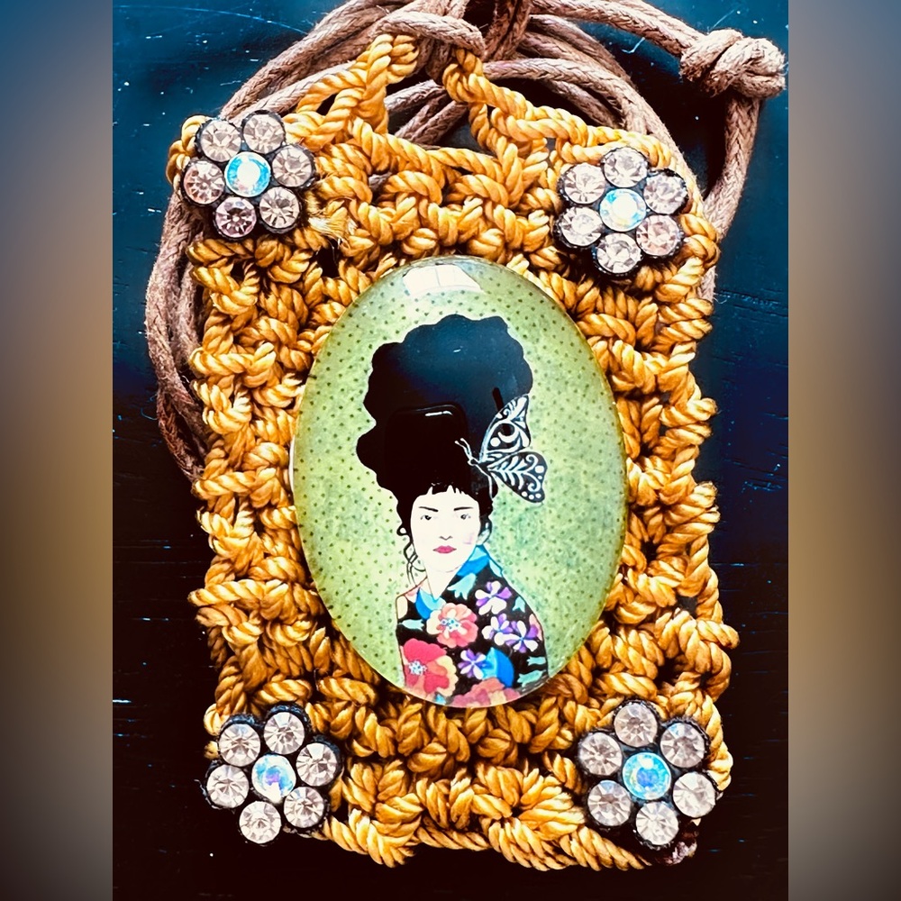 Hand Knits 2 Love Crochet Necklace Cabachon Bead Woman Designer Floral Butterfly